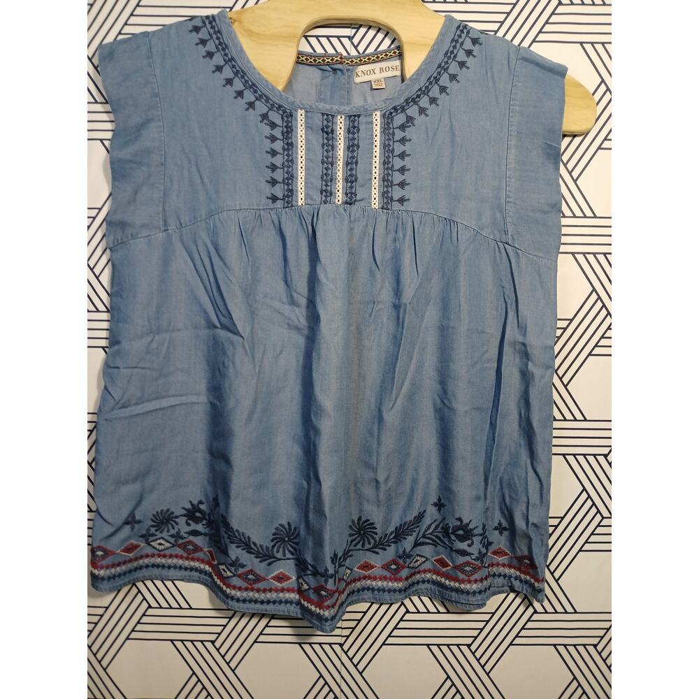 Knox Rose Chambray Embroidered Empire Waist Blouse Boho Cottagecore